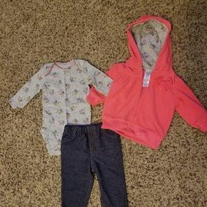 Baby girl long sleeve onesie, pant, and hoodie set
